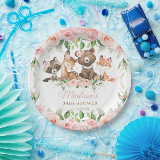 Woodland Animals Pink Floral Girl Babydusche Pappteller (Party)