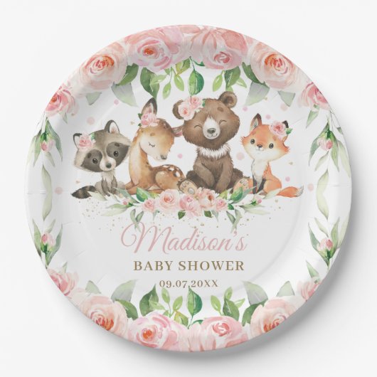 Woodland Animals Pink Floral Girl Babydusche Pappteller (Vorderseite)