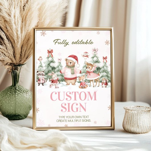 Woodland Animals Pink Winter Birthday Custom Sign Poster