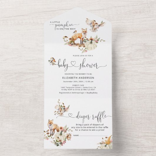 Woodland Animals Pumpkin Fall Floral Baby Dusche All In One Einladung (Innen Boden)