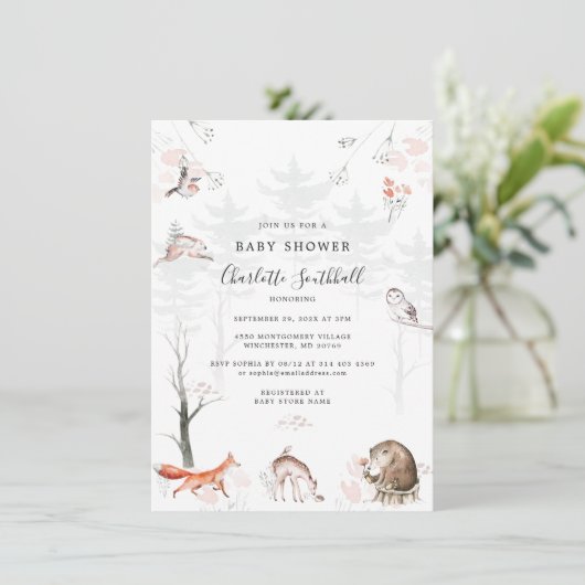 Woodland Animals Rustikale Script Baby Dusche Einladung (Stehend Vorderseite)