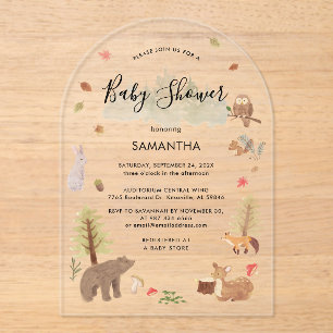 Woodland Animals Script Baby Dusche Acryleinladungen
