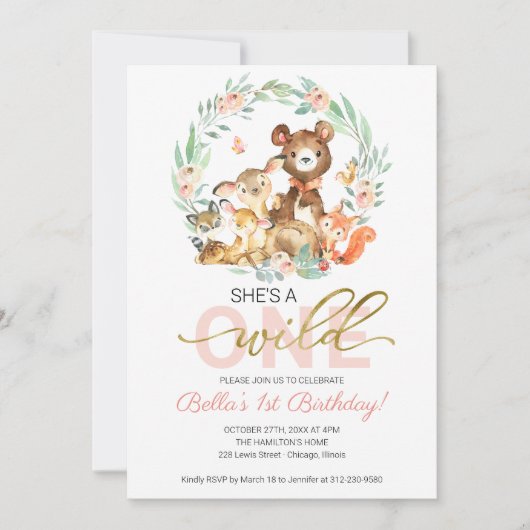 Woodland Animals Sie ist ein wilder erster Geburts Einladung (Vorderseite)