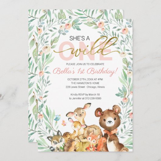 Woodland Animals Sie ist ein wilder erster Geburts Einladung (Vorne/Hinten)