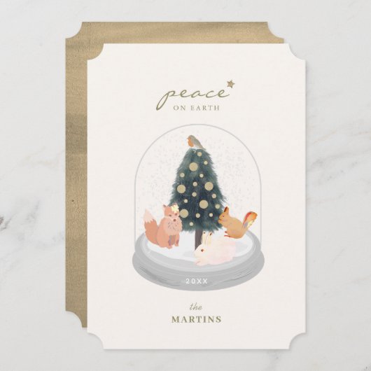 Woodland Animals Snow Globe Gold Weihnachtskarte Einladung (Vorne/Hinten)