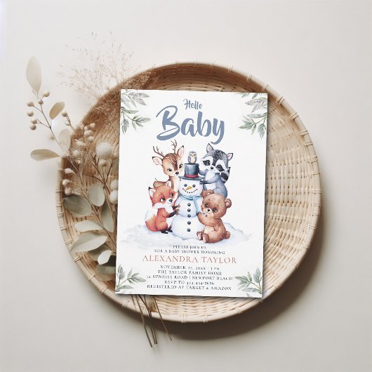 Woodland Animals Snowman Character Boy Baby Shoote Einladung