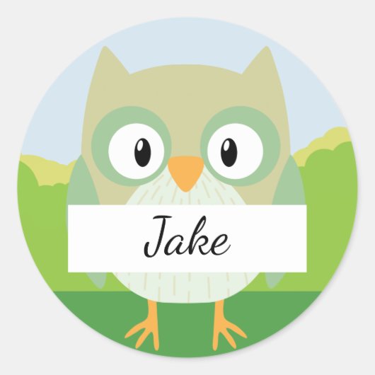 Woodland Animals Thema Party Owl Name Aufkleber (Vorderseite)