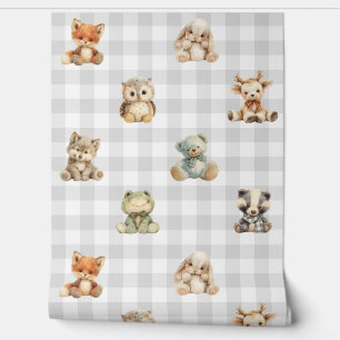 Woodland Animals Toys Grau Kariert Baby Boy Kinder Tapete