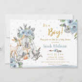 Woodland Animals Tribal Blue Gold Boy Baby Dusche Einladung (Vorderseite)
