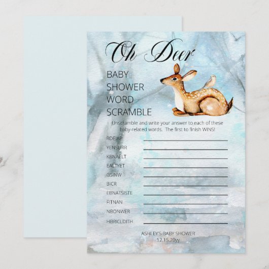 Woodland Animals Winter Baby Dusche Word Scramble Einladung (Vorne/Hinten)