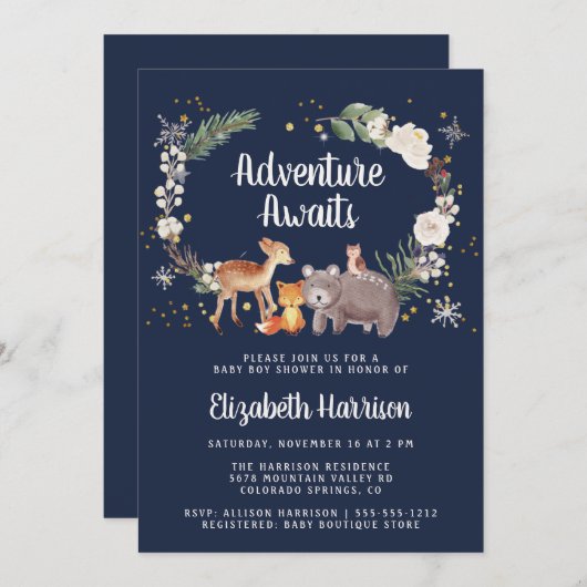 Woodland Animals Winter Blue Baby Dusche Einladung (Vorne/Hinten)