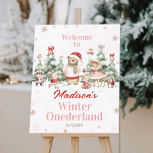 Woodland Animals Winter Girl Birthday Welcome Sign