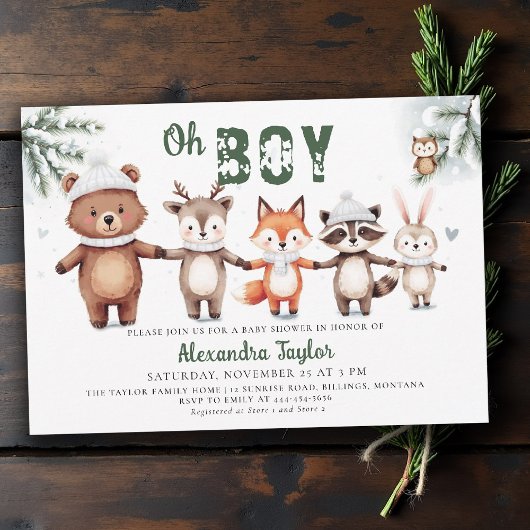 Woodland Animals Winter Green Oh Boy Baby Shower Einladung