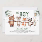 Woodland Animals Winter Green Oh Boy Baby Shower Einladung (Vorderseite)
