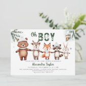 Woodland Animals Winter Green Oh Boy Baby Shower Einladung (Stehend Vorderseite)