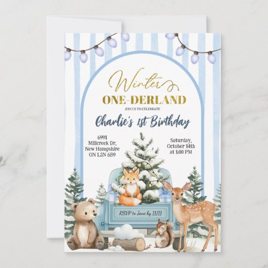 Woodland Animals Winter Onederland First Birthday Einladung (Vorderseite)