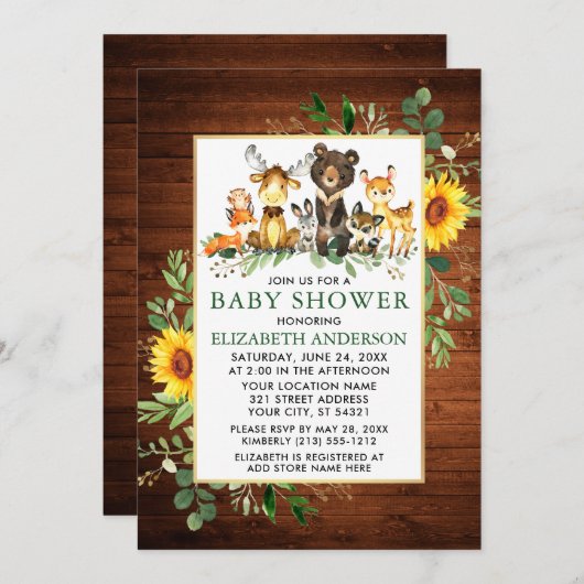 Woodland Animals Wood Sunflowers Kinderdusche Einladung (Vorne/Hinten)