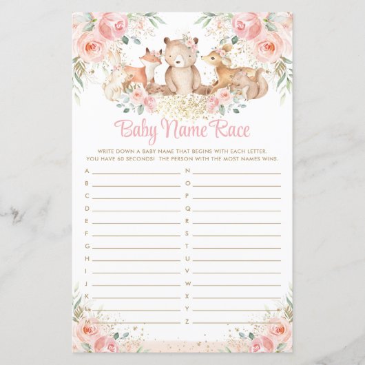 Woodland Animes Blush Floral Baby Name Race Game (Vorderseite)