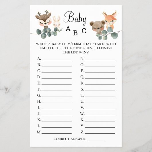 Woodland Baby ABC Duschspielkarte Flyer (Vorne)