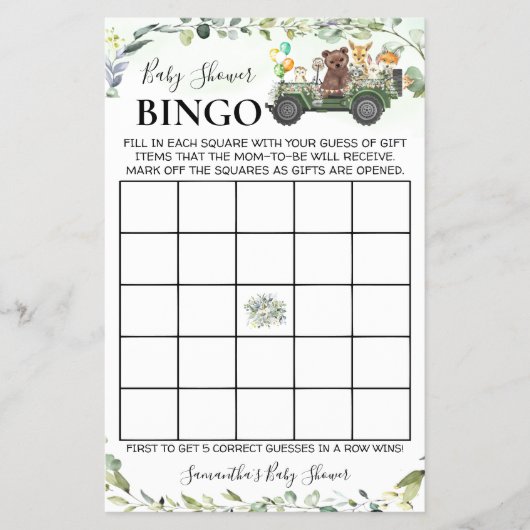 Woodland Baby Animals Dusche Bingo Game Card Flyer (Vorne)