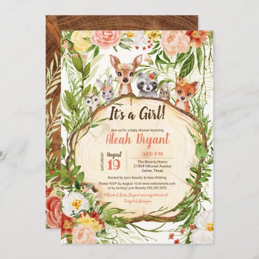 Woodland Baby Animals Forest Girl Baby Dusche Einladung (Vorne/Hinten)