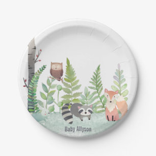 Woodland Baby Animals Greenery Monongram Pappteller