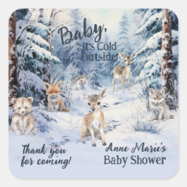 Woodland Baby Animals Winter Boy Baby Dusche Quadratischer Aufkleber