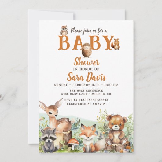 Woodland Baby Baby Shower Einladung (Vorderseite)