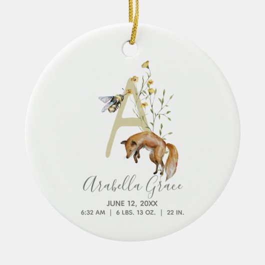 Woodland Baby Birth Stats Foto Monogram A Keramik Ornament (Vorne)