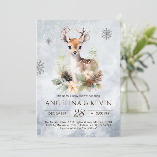 Woodland Baby Deer Animal Baby Dusche Einladung (Stehend Vorderseite)