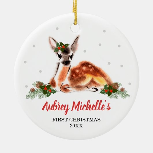 Woodland Baby Dei Personalisiert Erste Weihnachtsf Keramik Ornament (Hinten)