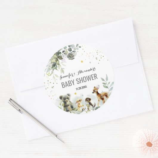 Woodland Baby Dusche Aquarellaufkleber Runder Aufkleber (Umschlag)