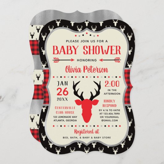 Woodland Baby Dusche Einladung, rot, schwarz, Kari Einladung (Vorne/Hinten)