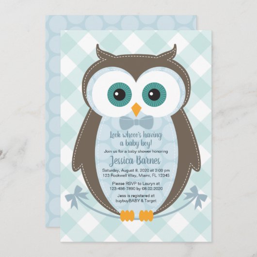 Woodland Baby Dusche Einladung Uhu Junge blau brau (Vorne/Hinten)