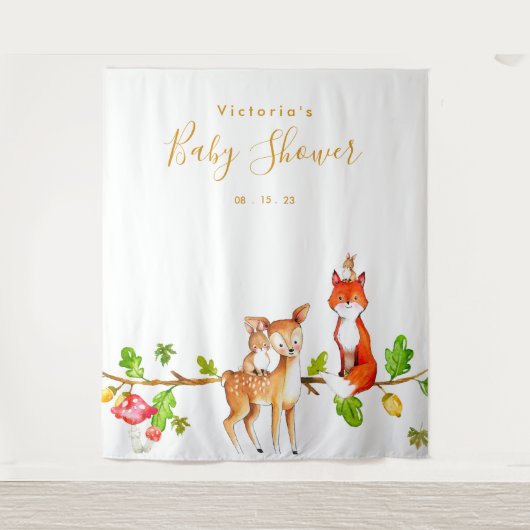 Woodland Baby Dusche Foto Stand Hintergrund Wandteppich (Vorderseite)