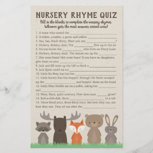 Woodland Baby Dusche Kinderzimmer Rhyme Quiz Spiel Flyer