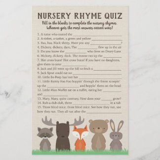 Woodland Baby Dusche Kinderzimmer Rhyme Quiz Spiel Flyer