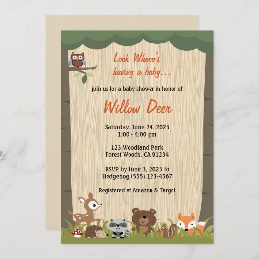 Woodland Baby Dusche laden *Junge/Mädchen/Überrasc Einladung (Vorne/Hinten)