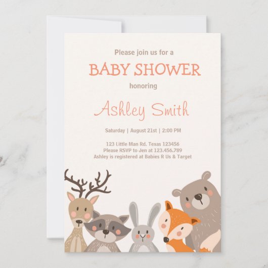 Woodland Baby Dusche laden Tiere Wald ein Einladung (Vorderseite)