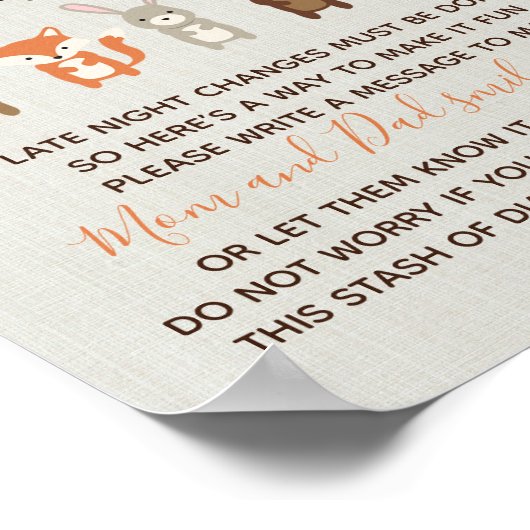 Woodland Baby Dusche Spätnächtliche Windeln signie Poster (Ecke)