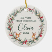 Woodland Baby First Christmas Personalisiert Keramik Ornament (Vorne)