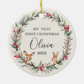 Woodland Baby First Christmas Personalisiertes Fot Keramik Ornament (Hinten)