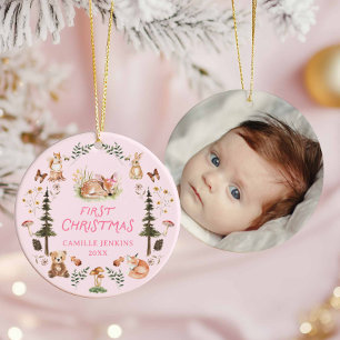 Woodland Baby Girl First Christmas Foto Ornament