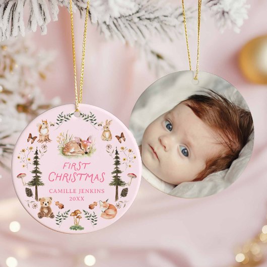 Woodland Baby Girl First Christmas Foto Ornament