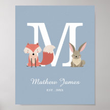 Woodland Baby Initial Monogram Kinderzimmer Poster