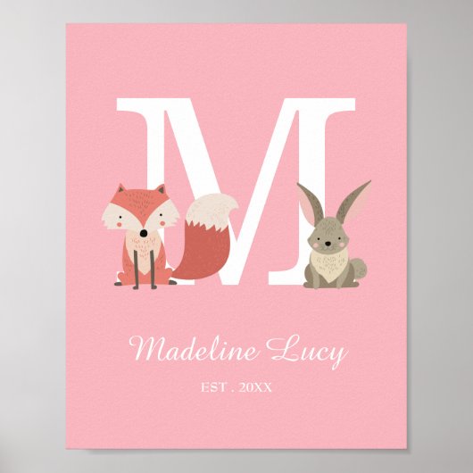 Woodland Baby Initial Monogram Pink Kinderzimmer Poster (Vorne)