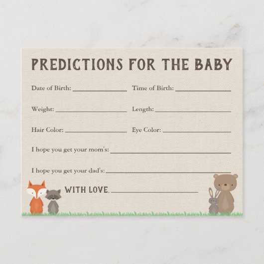 Woodland Baby Predictions Cards für Babydusche Einladungspostkarte (Vorderseite)