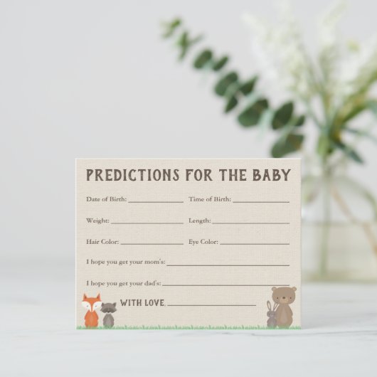 Woodland Baby Predictions Cards für Babydusche Einladungspostkarte (Stehend Vorderseite)