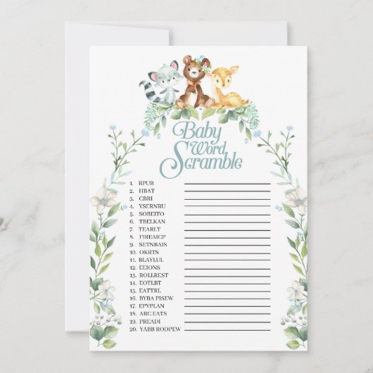 Woodland Baby Shooter Word Scramble Game Einladung (Vorderseite)
