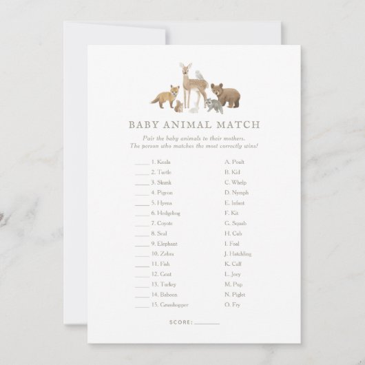 Woodland Baby Shower Baby Animal Match Game Einladung (Vorderseite)